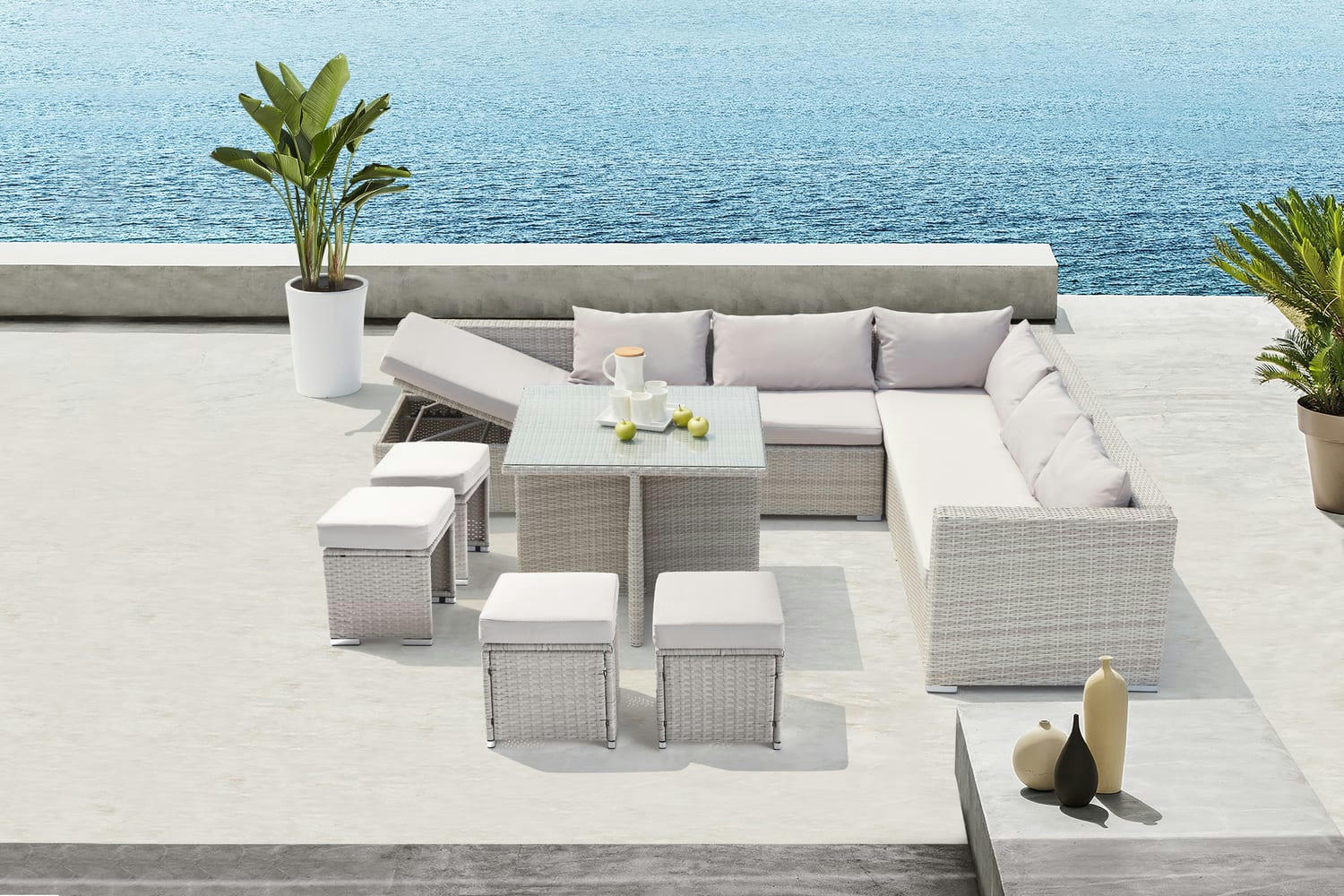 SAMOA - Salon de jardin encastrable 10 places en résine tressée gris