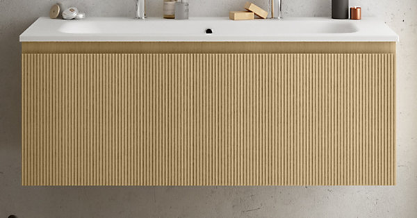 Meuble vasque suspendu plaqué chêne miel strié l.120 cm   plan vasque pour 2 robinets blanc céramique, Pura