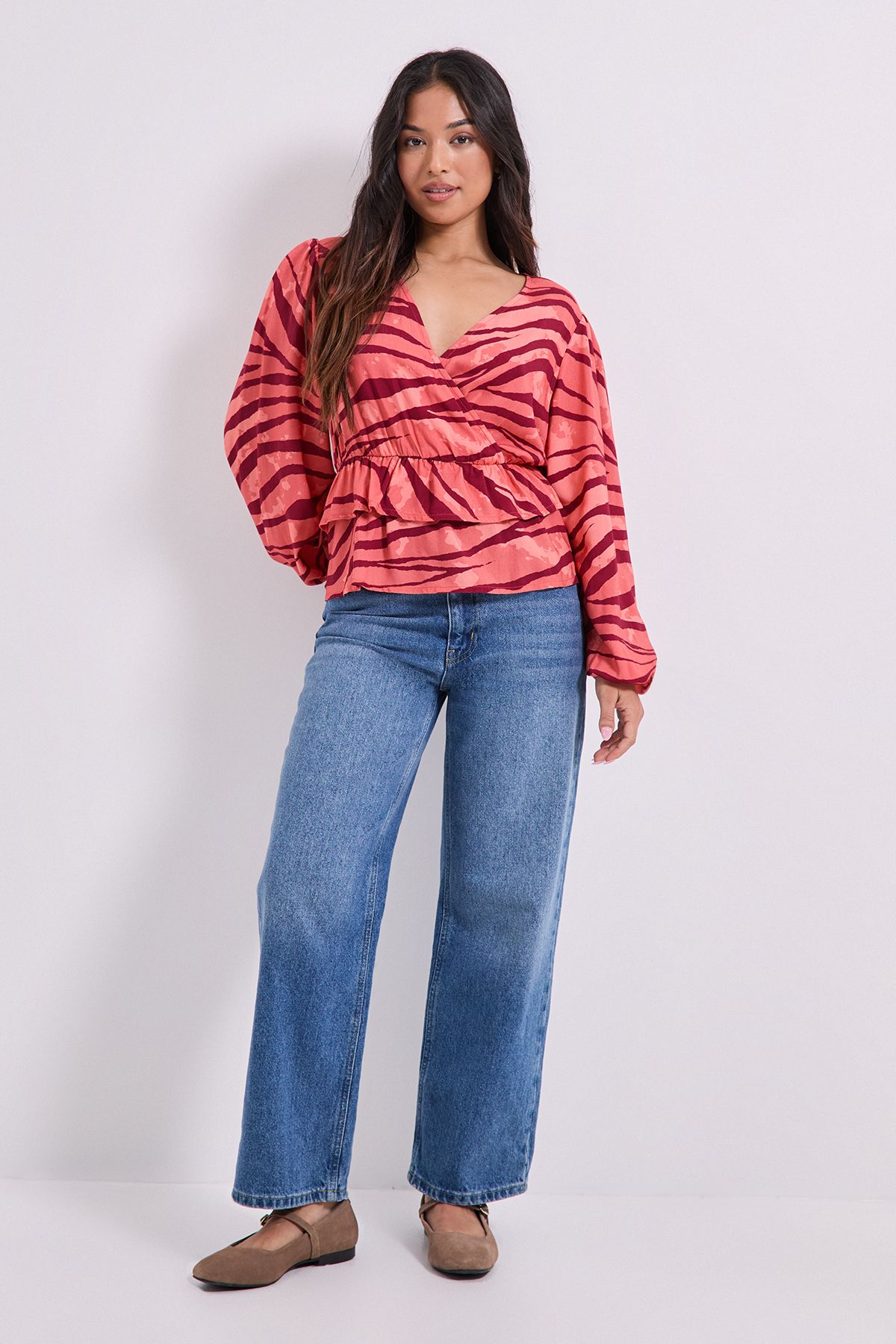 Dorothy Perkins Petite Wrap Front Frill Detail Printed Blouse