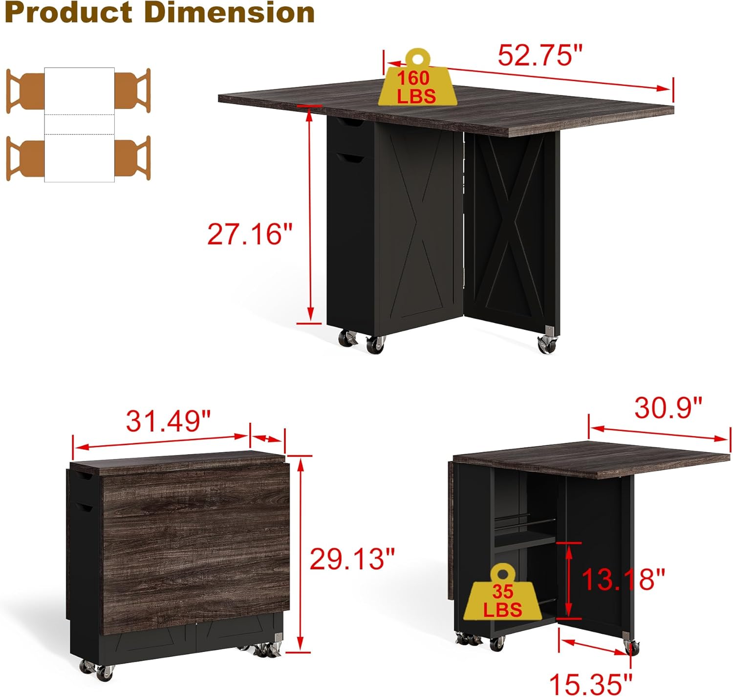 Space Saving Folding Dining Table with 2 Tier Storage-Extendable Drop Leaf Farmhouse Wood Kitchen Dining Room Tables Set for 4, Folding Kitchen Table with 6 Wheels, (Chestnut and Brown)
