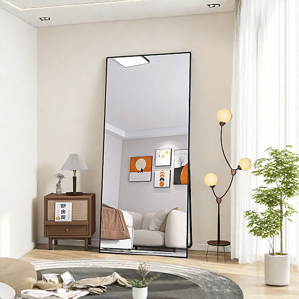 Miroir en Pied Grand, 180x80 cm, Grand Miroir de Sol Pleine Longueur, Suspendu, Rectangulaire, Noir