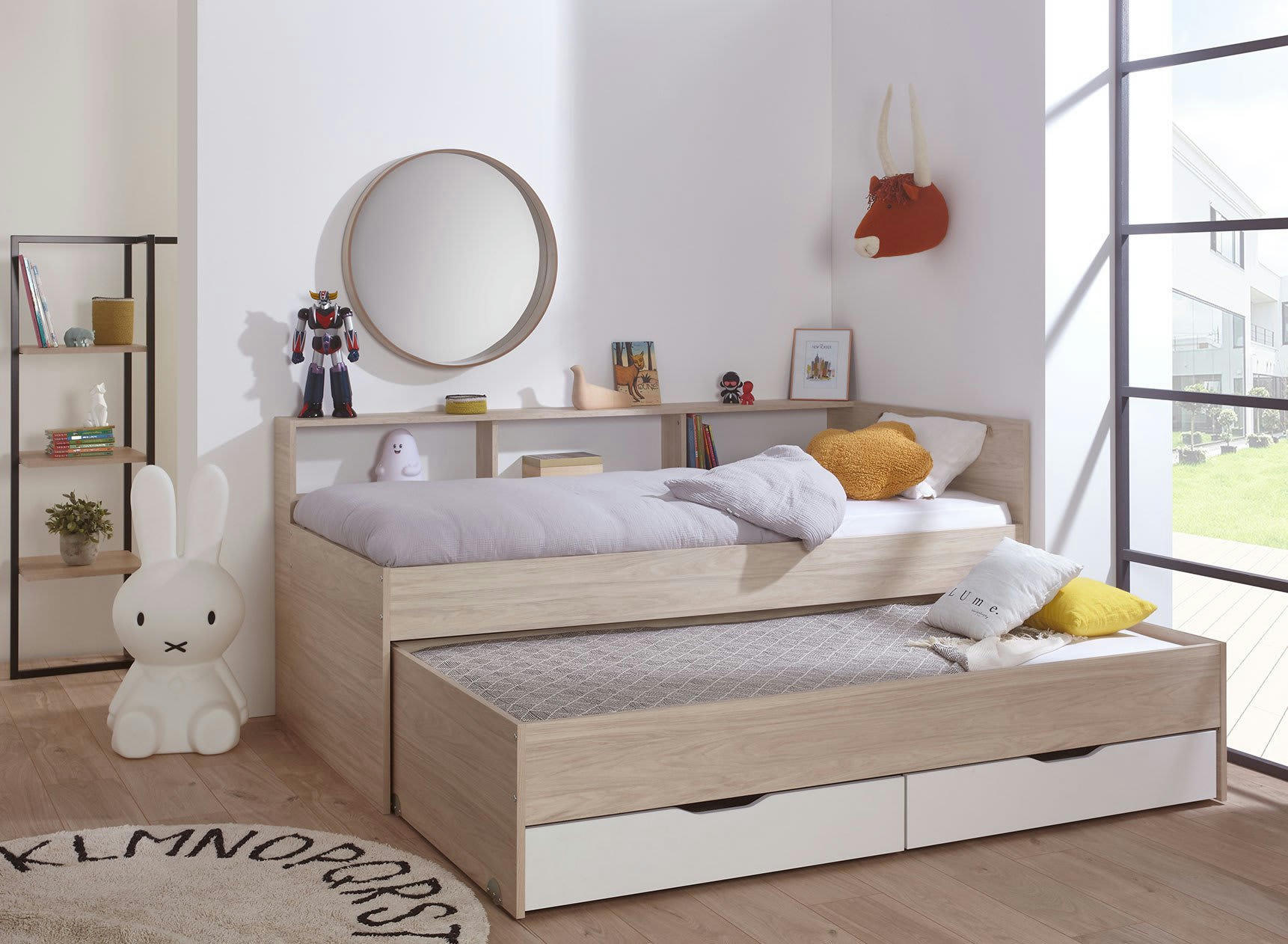 OSLO - Lit gigogne 90x200 cm + 2 tiroirs de rangement bois et blanc