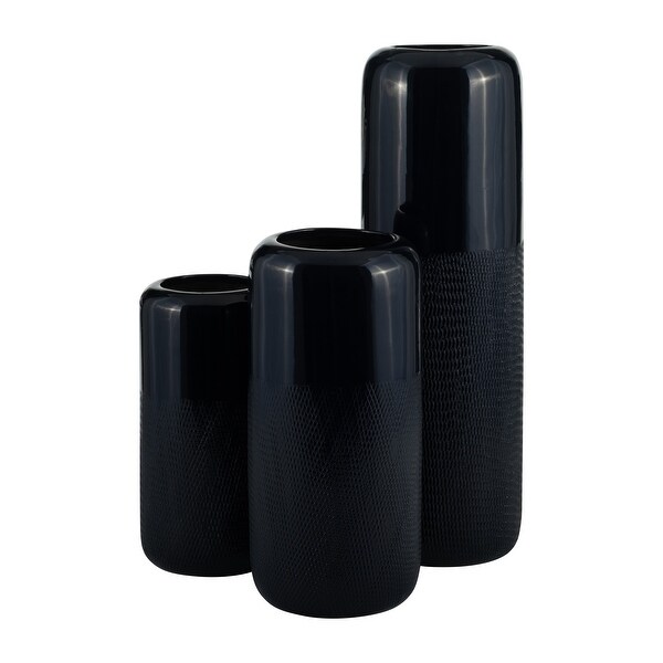 Sagebrook Home Ceramic 18"H Grooved Vase, Navy Blue, Cylinder, Ceramic, Contemporary, 18"H, Etched