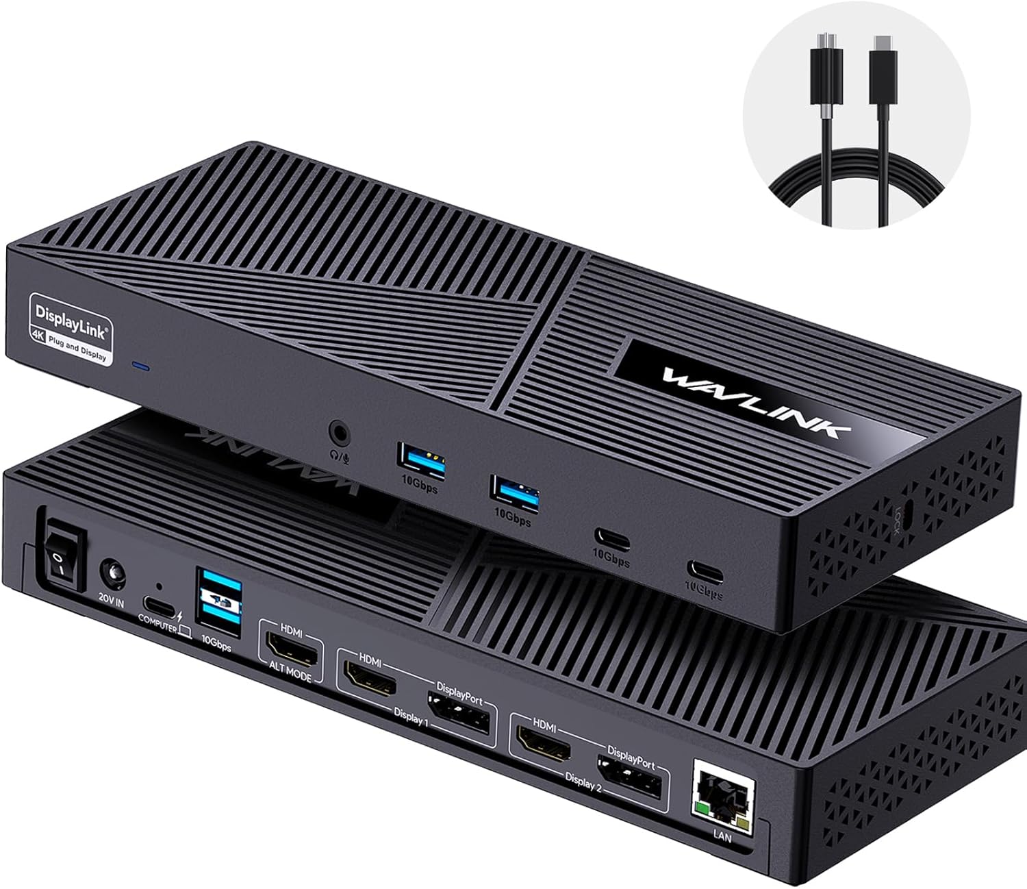 WAVLINK Displaylink Docking Station 3 Monitors with 130W Power Delivery  10Gbps USB for MacBook M1/M2/M3/Windows  USB-C(3 HDMI  2 DisplayPort  2 USB-C  4 USB3.1  Ethernet  Audio)