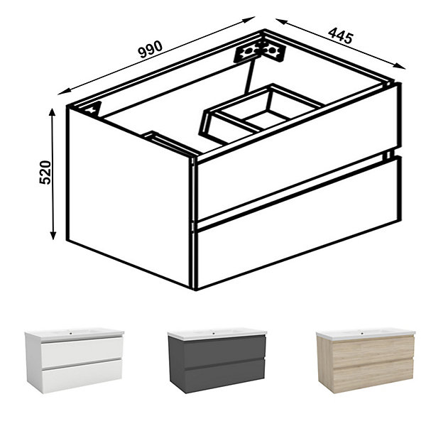 Meuble de salle de bain chêne 100cm, suspendu avec 2 tiroirs