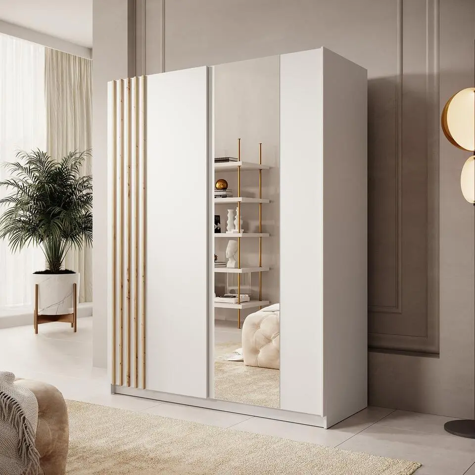 Meubella - Kledingkast Boets - Wit - Eiken - 150 cm - Met spiegel