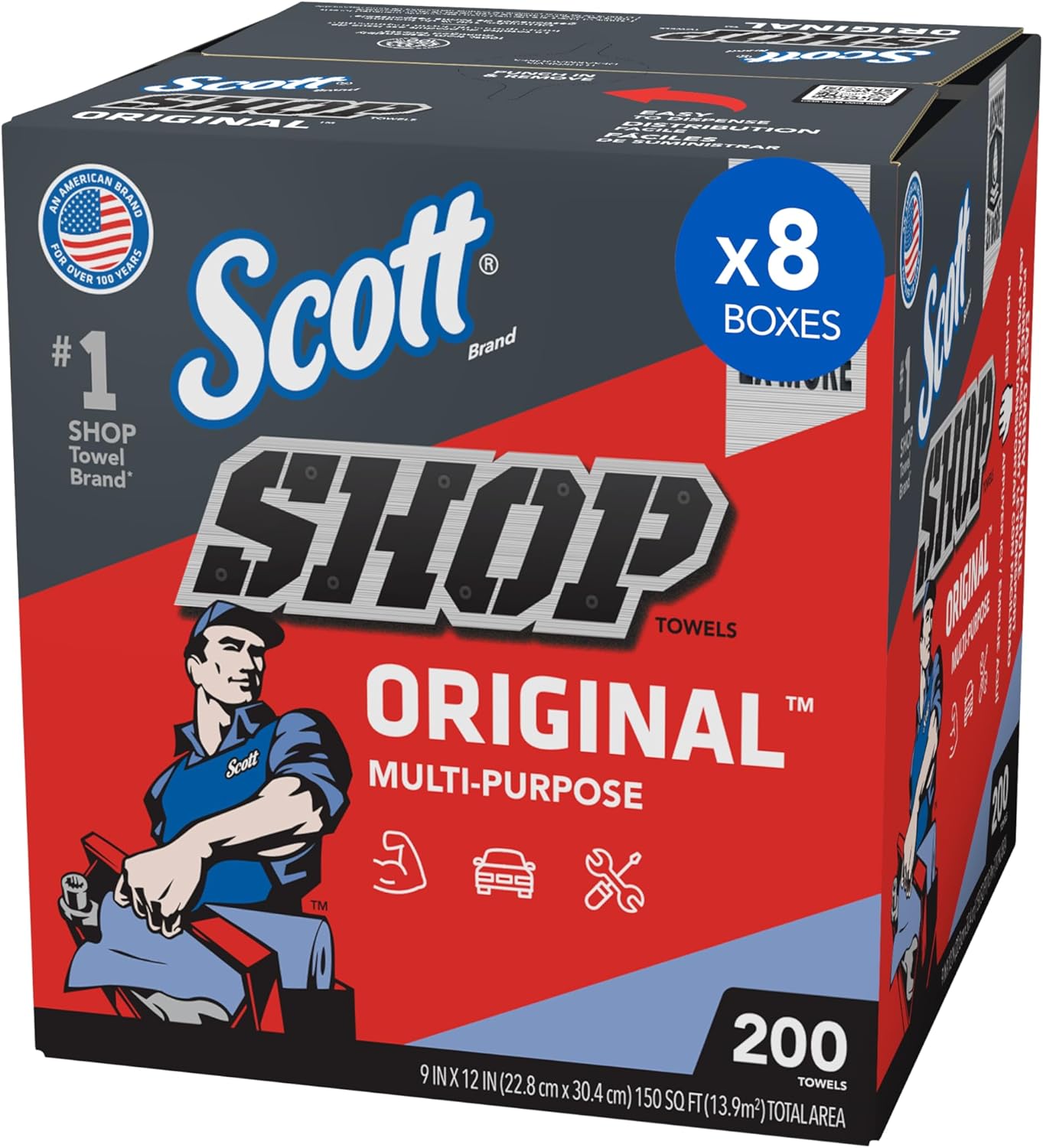 Scott Shop Original Blue Towels (75190), 9x12 Cloth-like Paper Towel (8 Boxes of 200 Sheets, 1,600 Sheet Total)