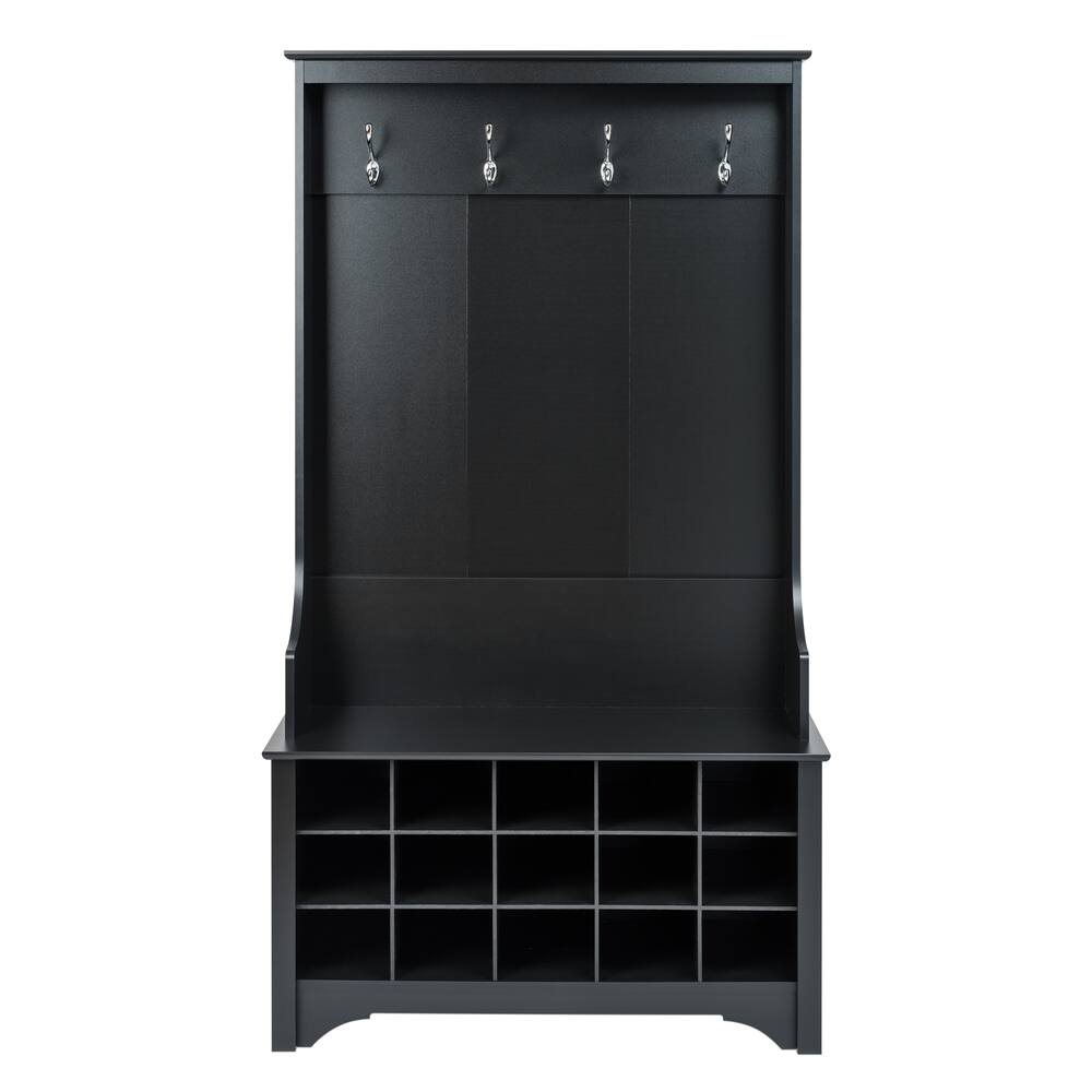 Prepac 4-Hook Entryway Coat Rack/Hall Tree With Bench & Shoe Cubby Storage Shelves, Black