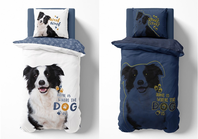 Pościel świecąca w ciemności 140x200 pies border collie biała 4088A