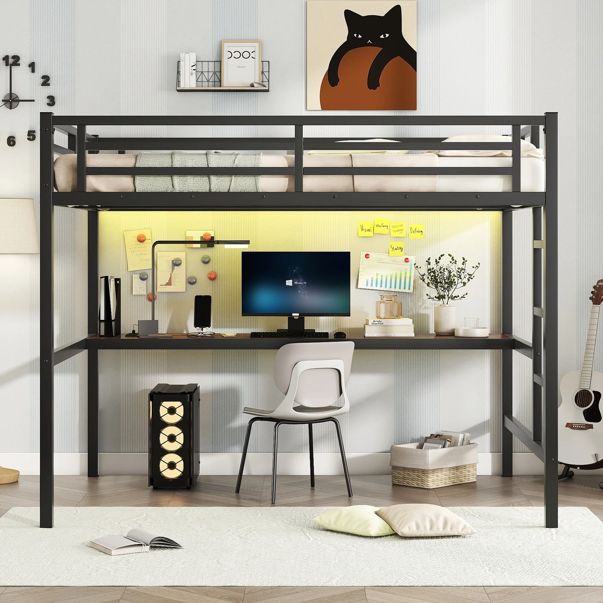 Metal Full Size Loft Bed with Power Outlet and LED Lighted, Space-Saving, Noise Reduced, Black