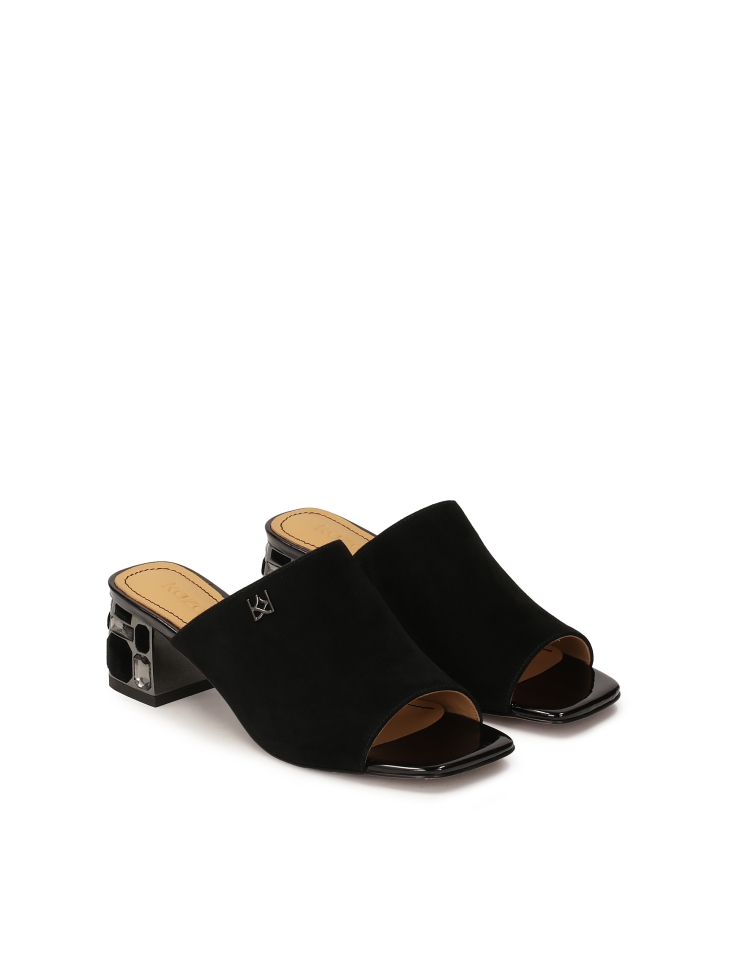 Black mules with rhinestones on the heel