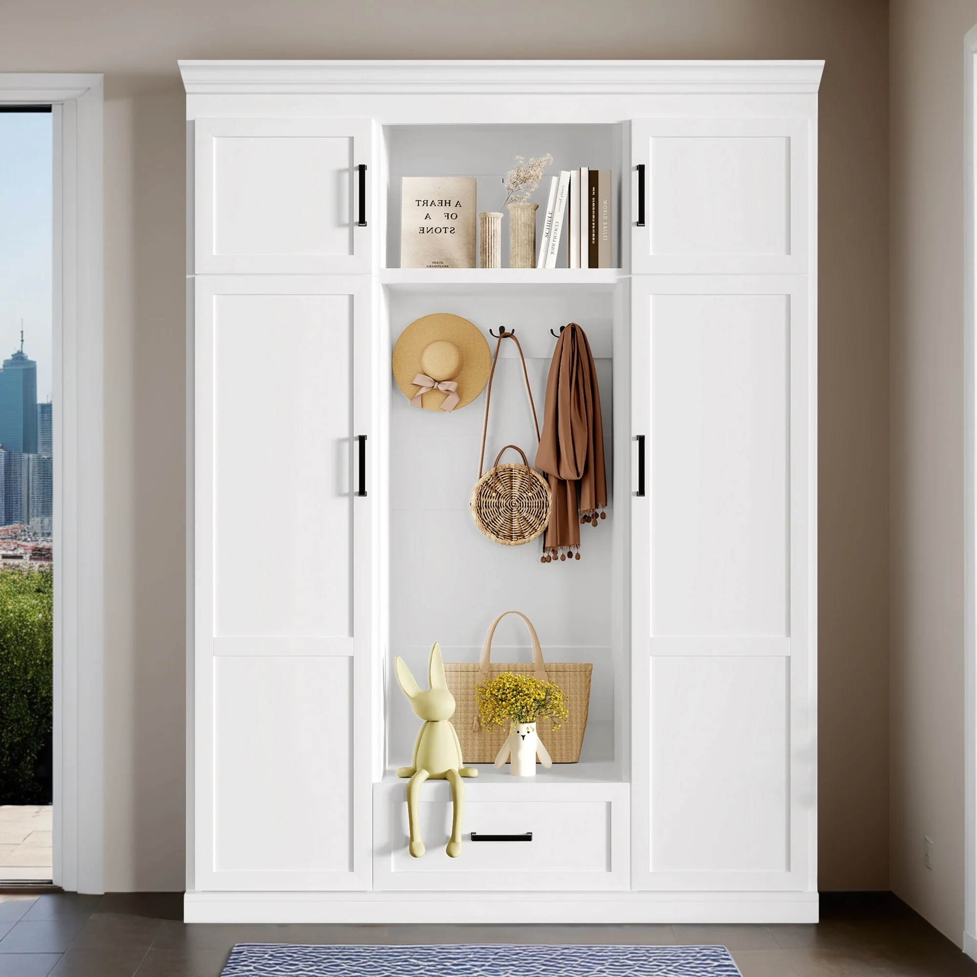 85.2''H Hall Tree with Bench and 3 Hooks, Modern Entryway Storage Organizer Cabinet , 1 Drawer and Adjustable Shelves