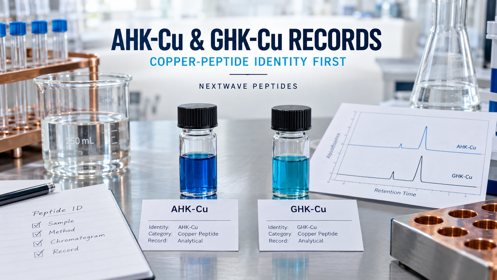 NextWave Peptides laboratory editorial cover for AHK-Cu and GHK-Cu: Copper-Peptide Identity Before Biological Comparison.