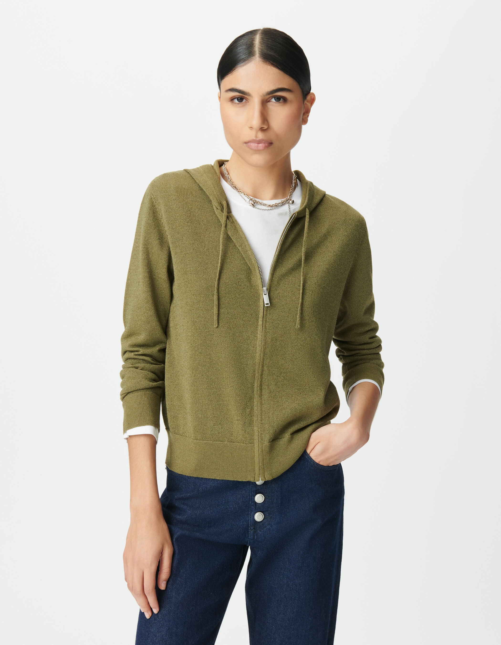 Cardigan à capuche kaki tricot lurex chevron dos Femme