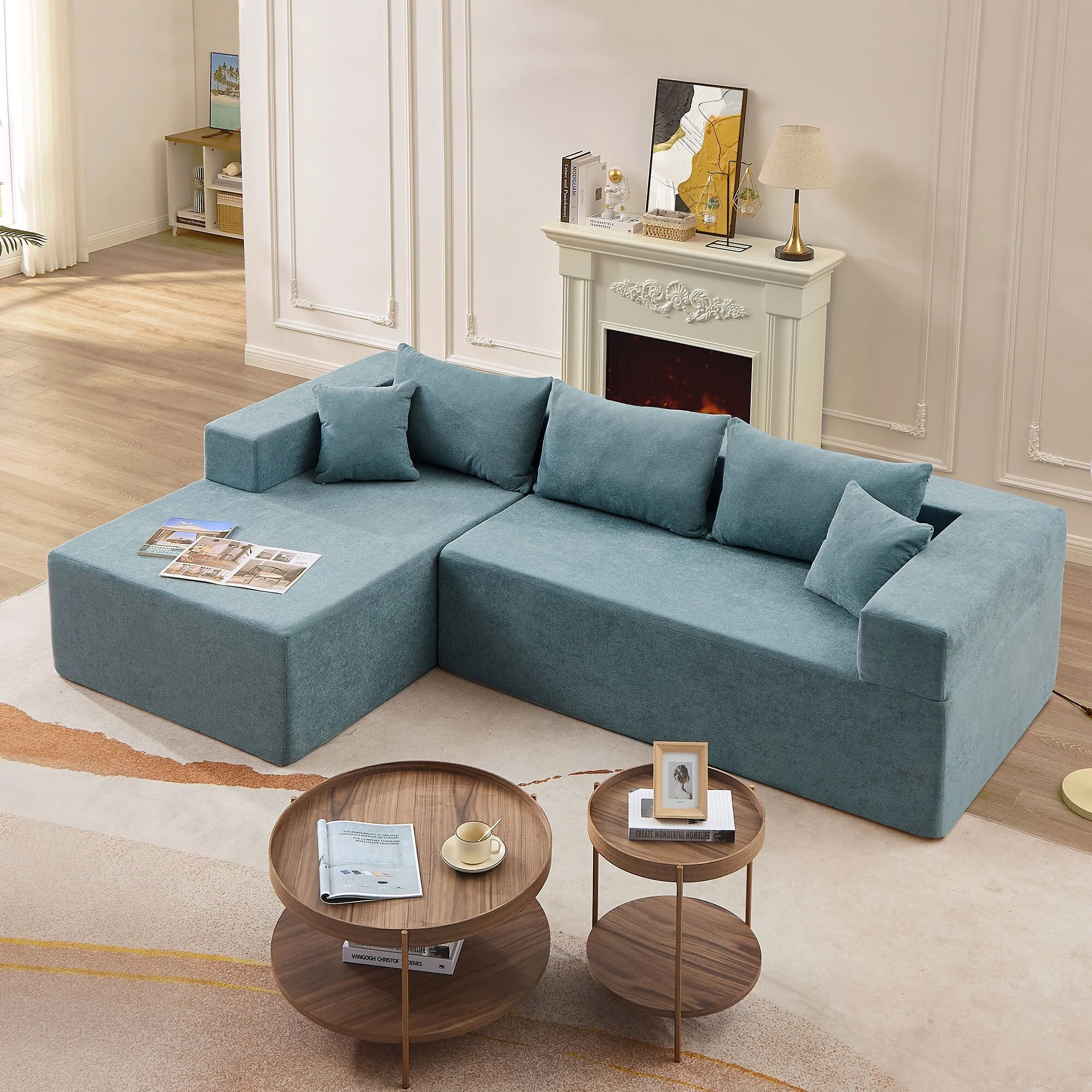 Blue 107.48'' Fabric L-Shape 3 Seater Sectional Sofa with Chaise and 16.53 Inch Cushions, 2-Piece Free Combination