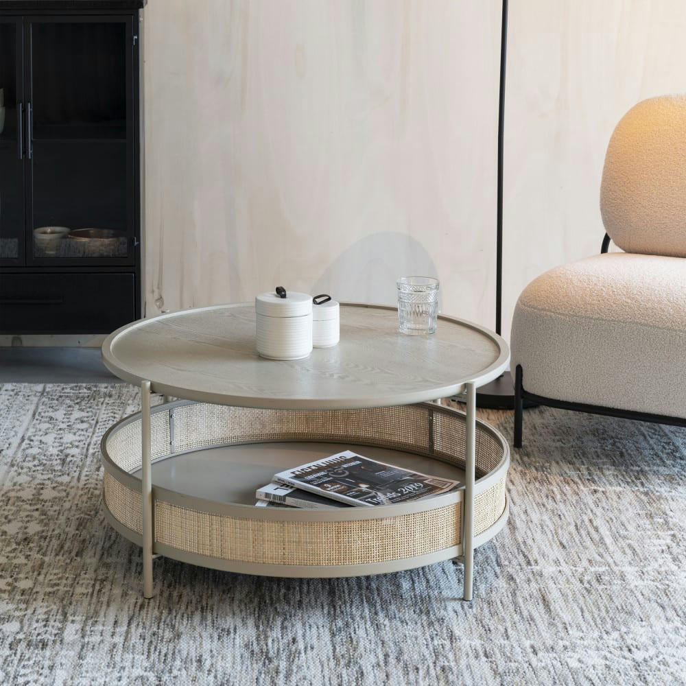 MAKOTO - Table basse ronde en bois et cannage D80cm