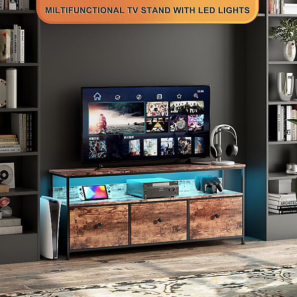 Meuble TV bas, Banc TV LED 108 cm, commode en tissu avec 3 tiroirs, meuble de rangement bas avec 3 tiroirs, Tiger