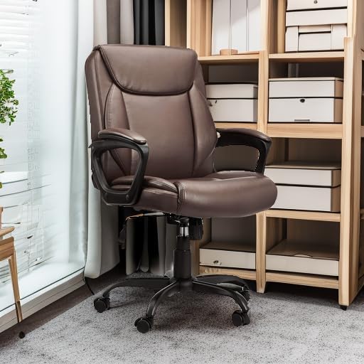 Amazon Basics Classic Puresoft PU Padded Mid-Back Office Chair with Armrest, Height Adjustable, Wheels, 25.75D x 24.25W x 42.25H, Brown