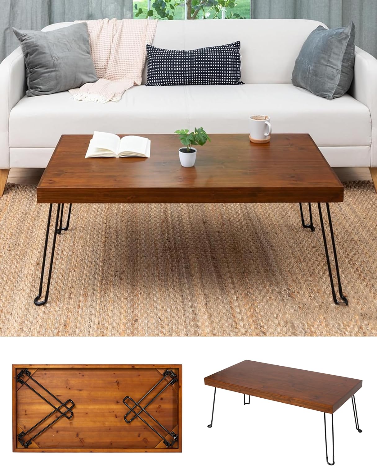 Sleekform Folding Wooden Coffee Table - Collapsible 20x40 Light Wood Mini Desk - Lightweight Foldable Coffee Table for Small Spaces - Fold Up Hairpin Legs - Walnut Wood Finish