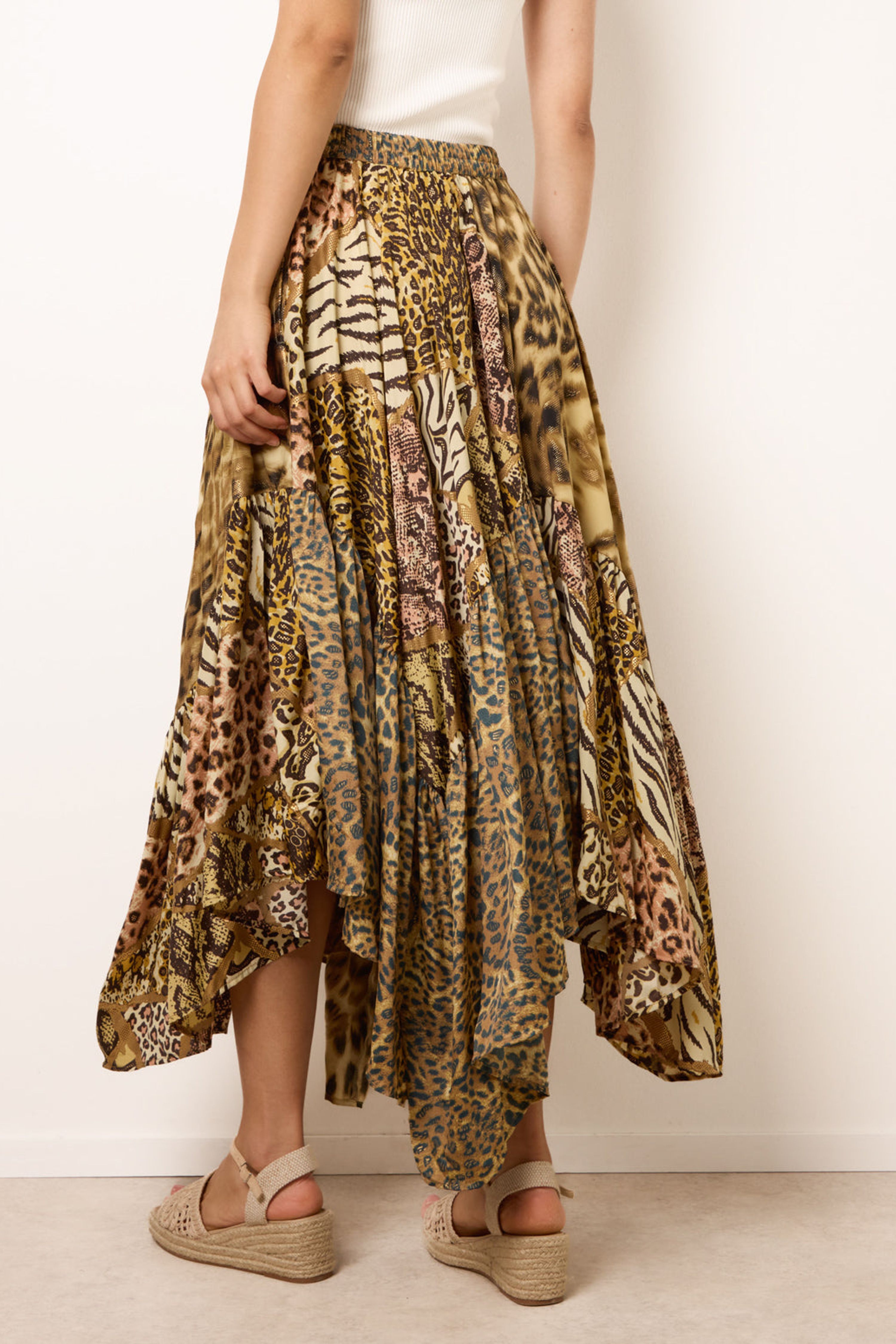 Blue Vanilla Brown Animal Asymmetric Midi Skirt