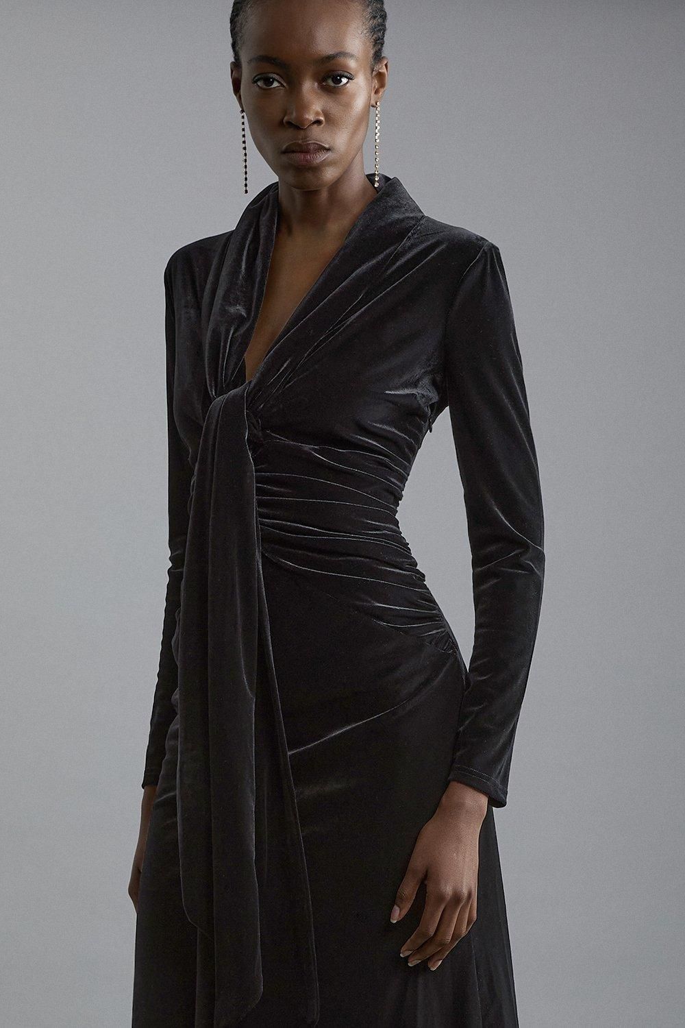 KarenMillen Velvet Long Sleeve Wrap V Neck Maxi Dress