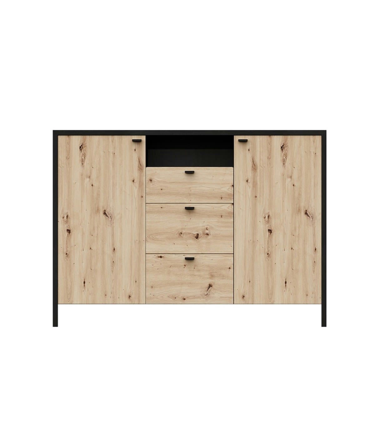 LOFT - Buffet 2 Portes 3 Tiroirs 1 Niche - Aspect Chêne - L163.5cm