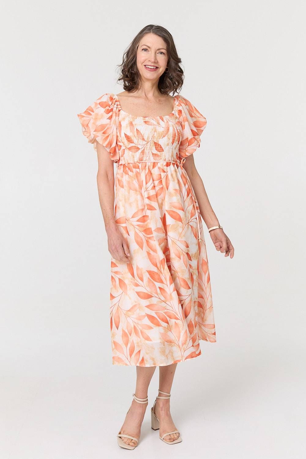 Izabel London Leaf Print Short Puff Sleeve Midi Dress