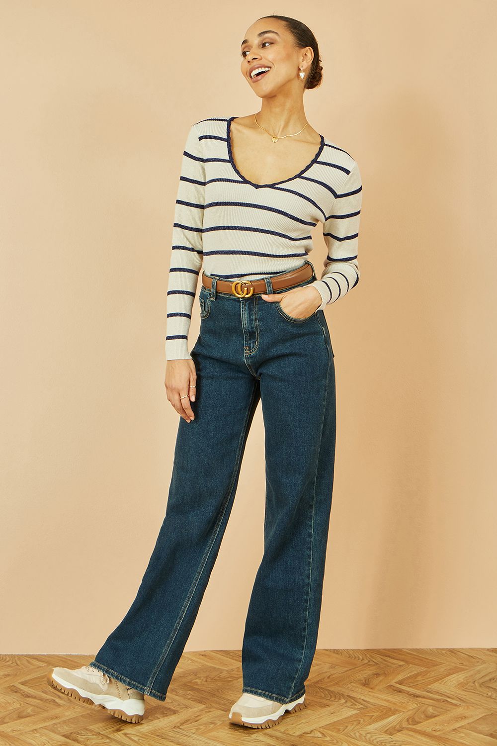 Yumi White Metallic Stripe Knitted Ribbed Top