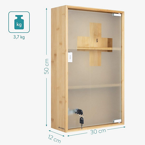 Armoire à Pharmacie Murale en Bambou avec Vitre Salle de Bain - Meuble de Rangement Verrouillable