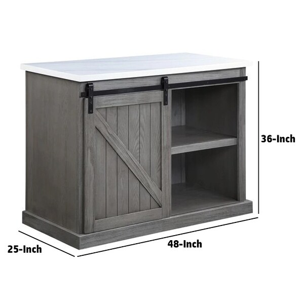 48 Inch Faux Marble Top Kitchen Island, Sliding Barn Door, Gray