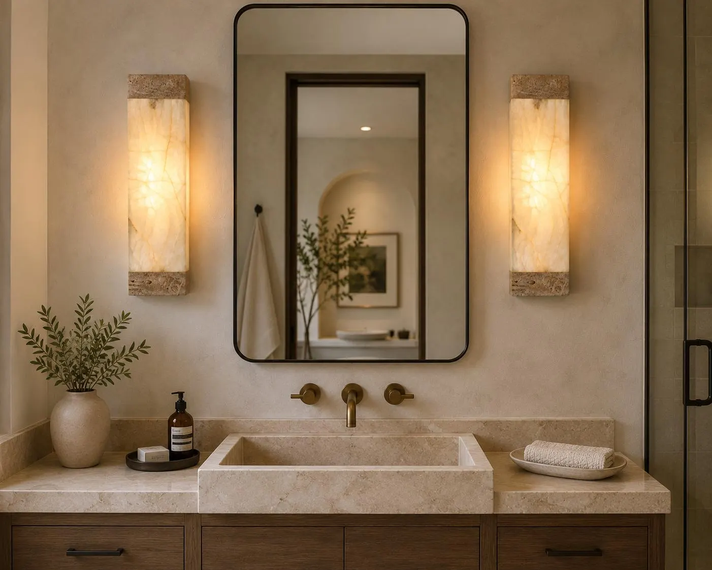 2 Handmade White Onyx Wall Sconce, Large 20” Natural Stone Light, Rectangular Modern Wall Lamp, Luxury Bathroom & Bedroom Lighting