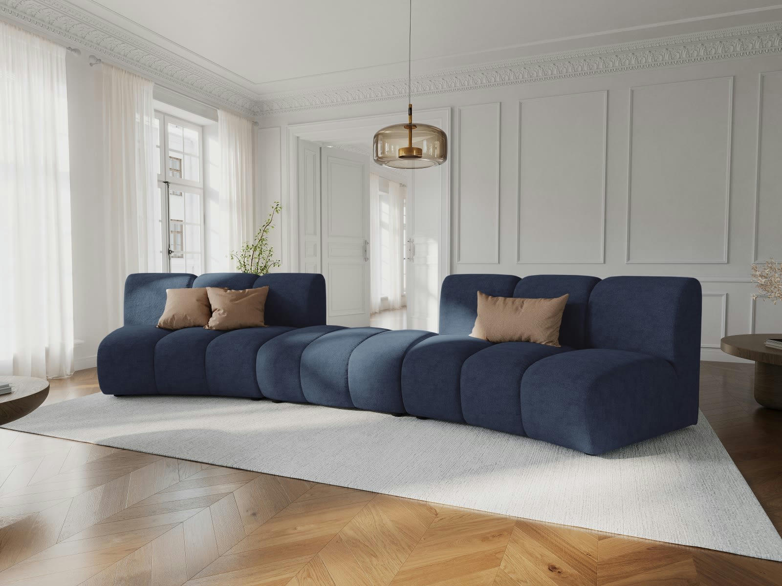 LUPINE - Canapé arrondi 5 places en tissu chenille bleu