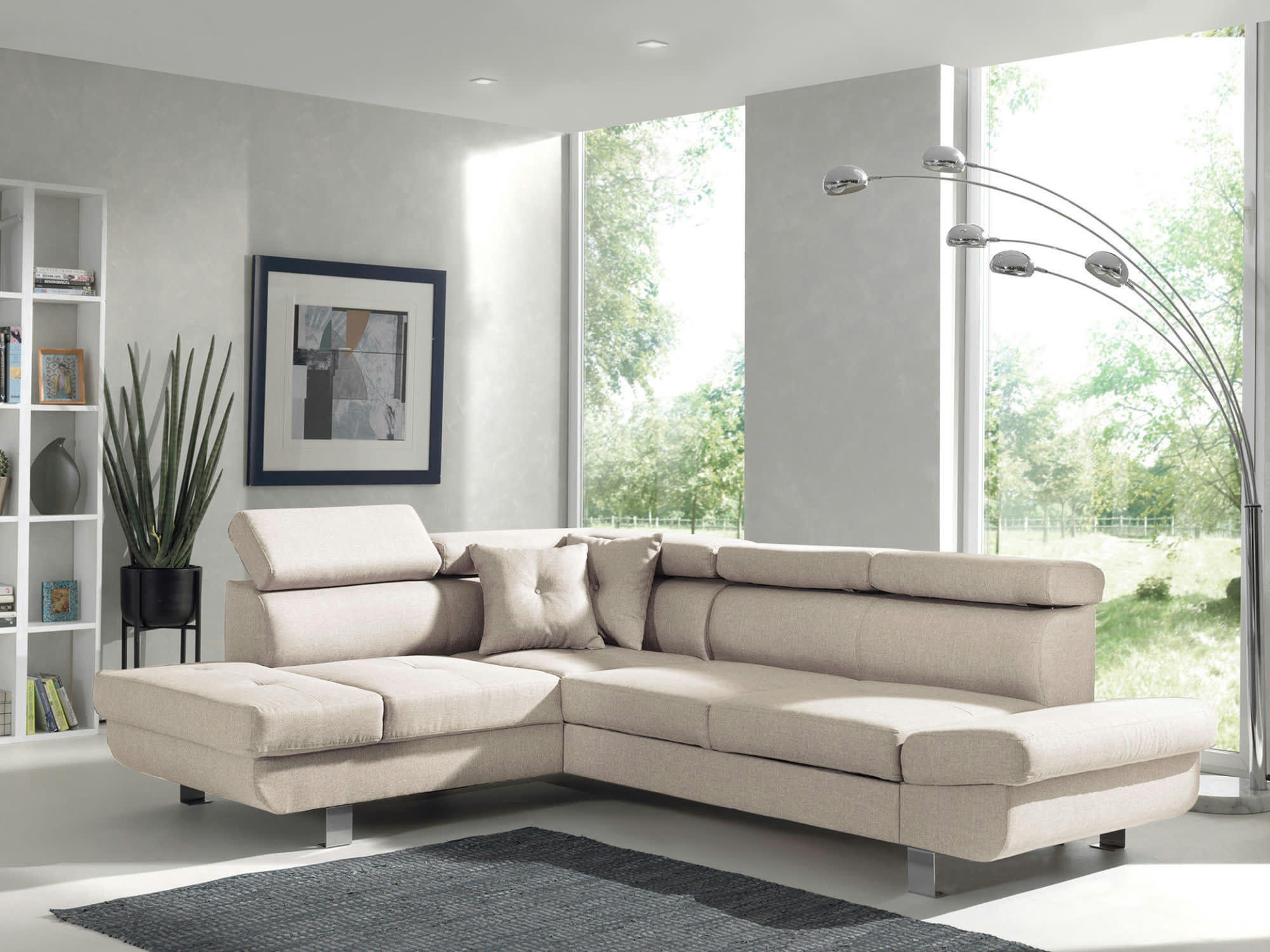 LISBONA - Canapé d'angle gauche convertible 5 places en tissu beige