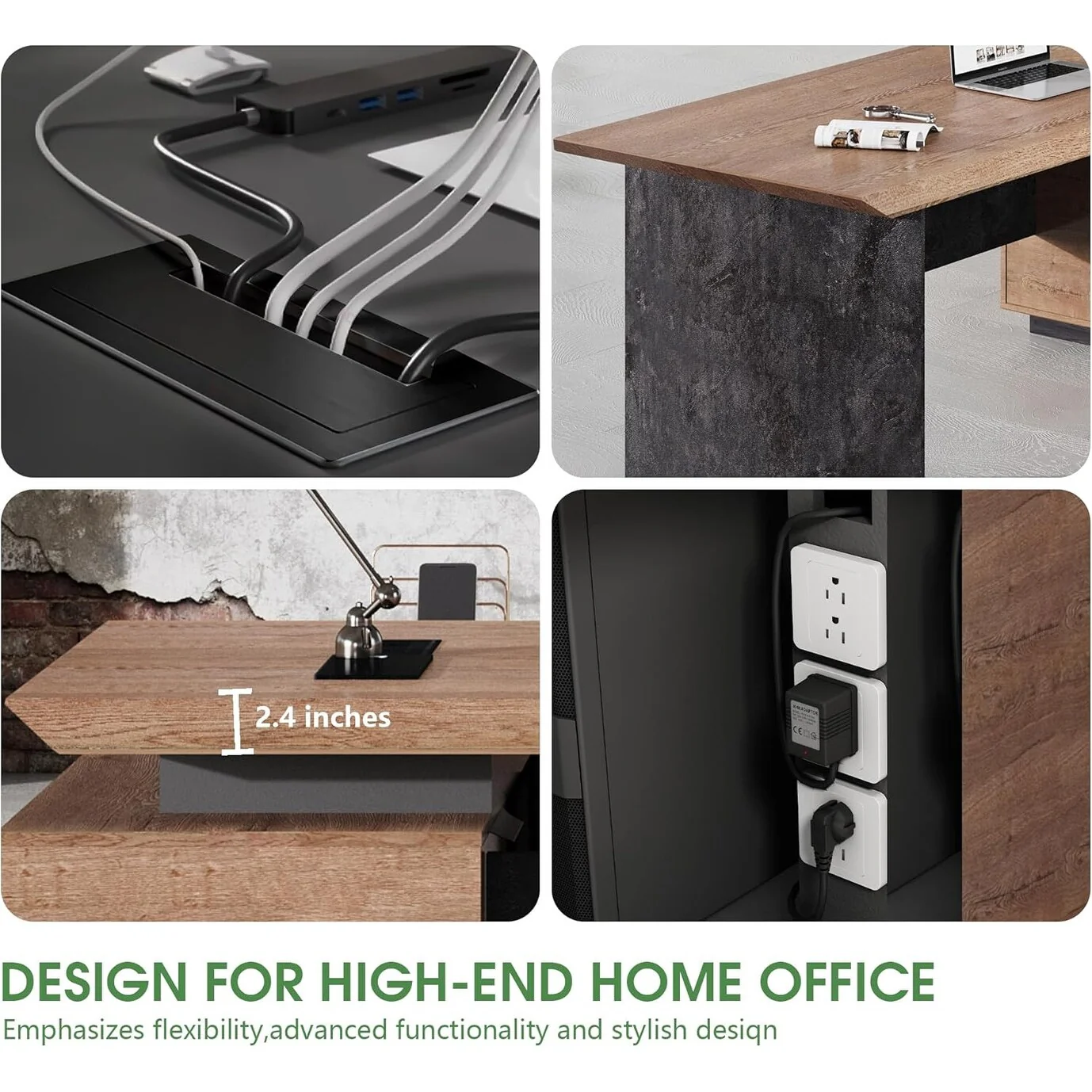 L Shaped Executive Desk Industrial Modern Office Desk w/Cabinets Sliding Socket USB Port