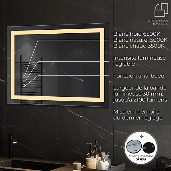 Miroir lumineux CIMEO 80 x 100 cm (ou 100x80) LED 2100 lms, antibuée   intensité &couleur réglables salle de bain - Saniverre