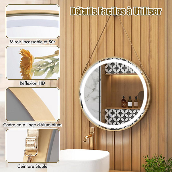 Miroir Circulaire Suspendu, 60 x 60 cm, avec Sangle Ceinture, 3 Modes d'Eclairage, Antibuée, pour Salle de Bain, Chambre, Entrée