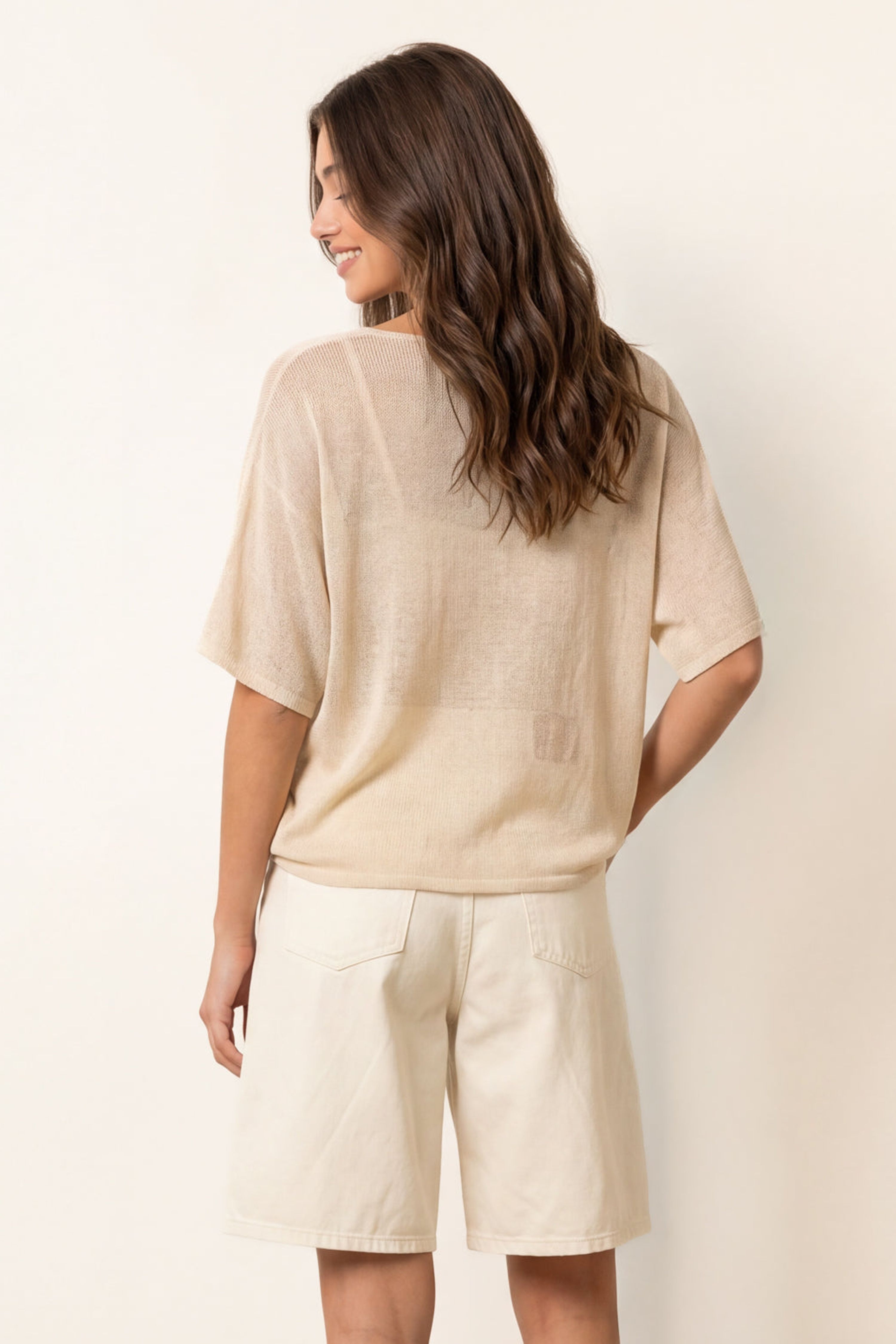 Blue Vanilla Beige Thin Knit Button Front Boxy Cardigan
