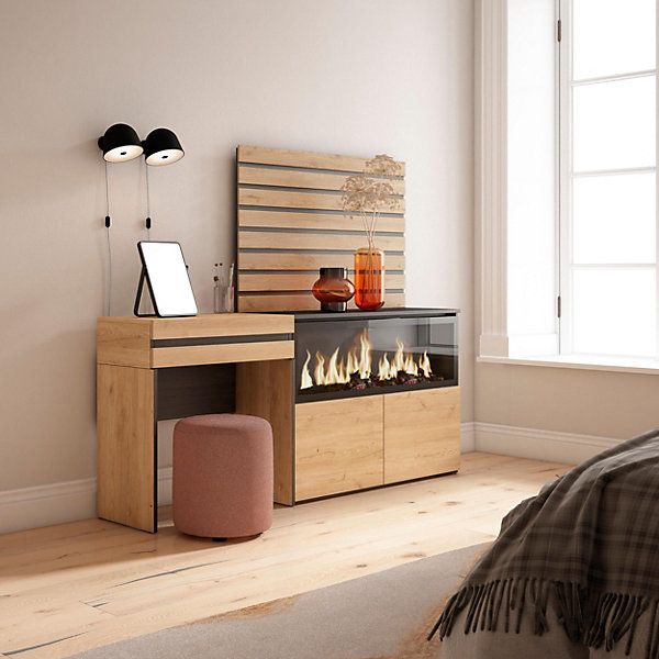 Coiffeuse 177x35x145cm feu led sans chaleur XXL panneaux couleur chêne