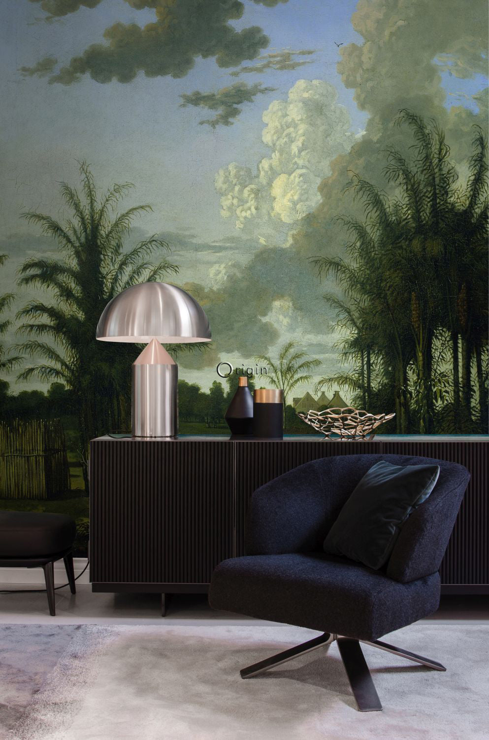 Origin fotobehang tropisch landschap groen, blauw en mosterdgroen - 250 x 300 cm - 357234