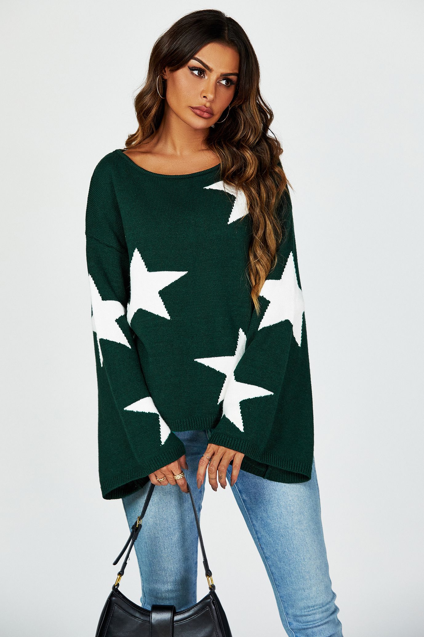 FS Collection Wide Sleeve Oversize Dark Green Jumper With White Star