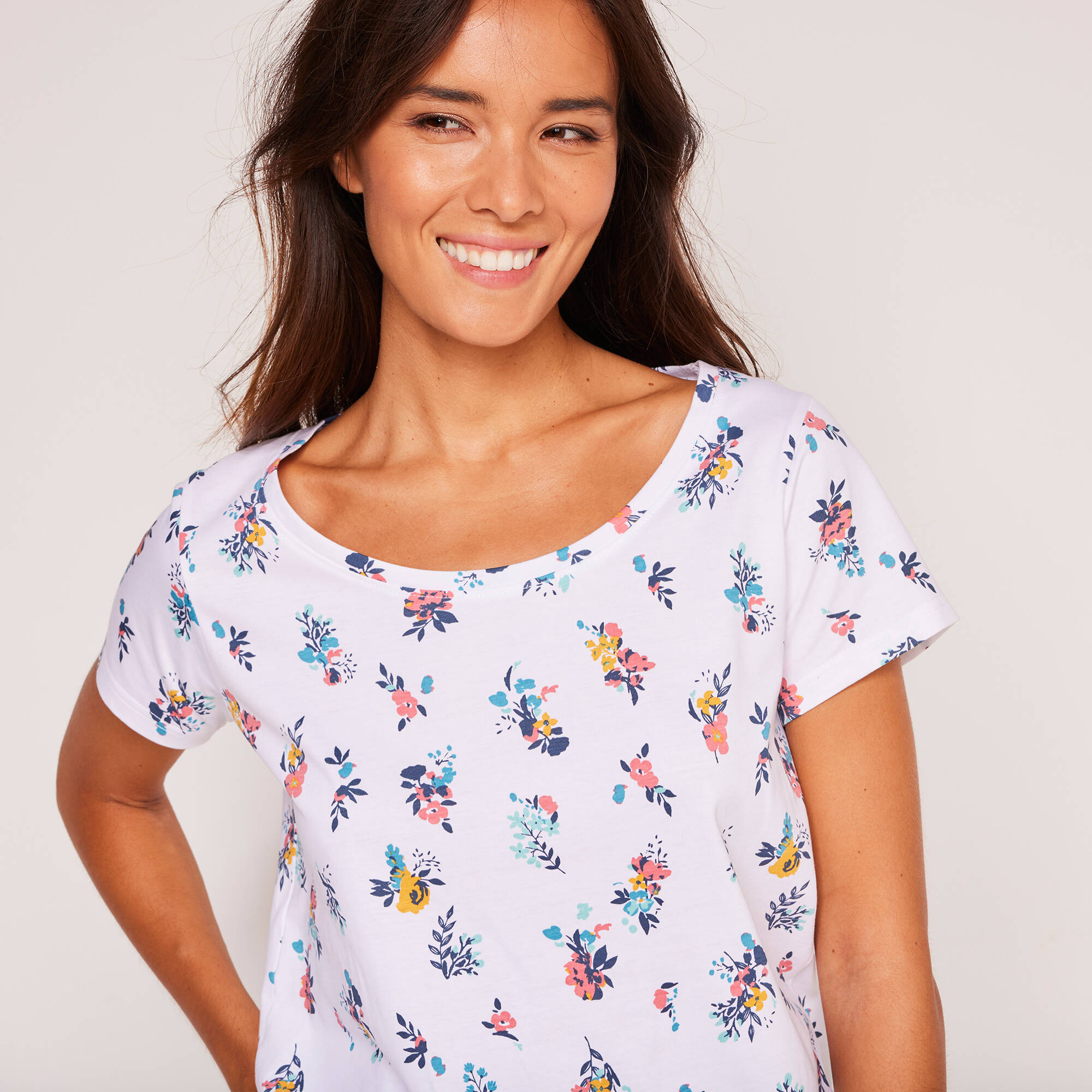 T-shirt col rond imprimé fleuri coton