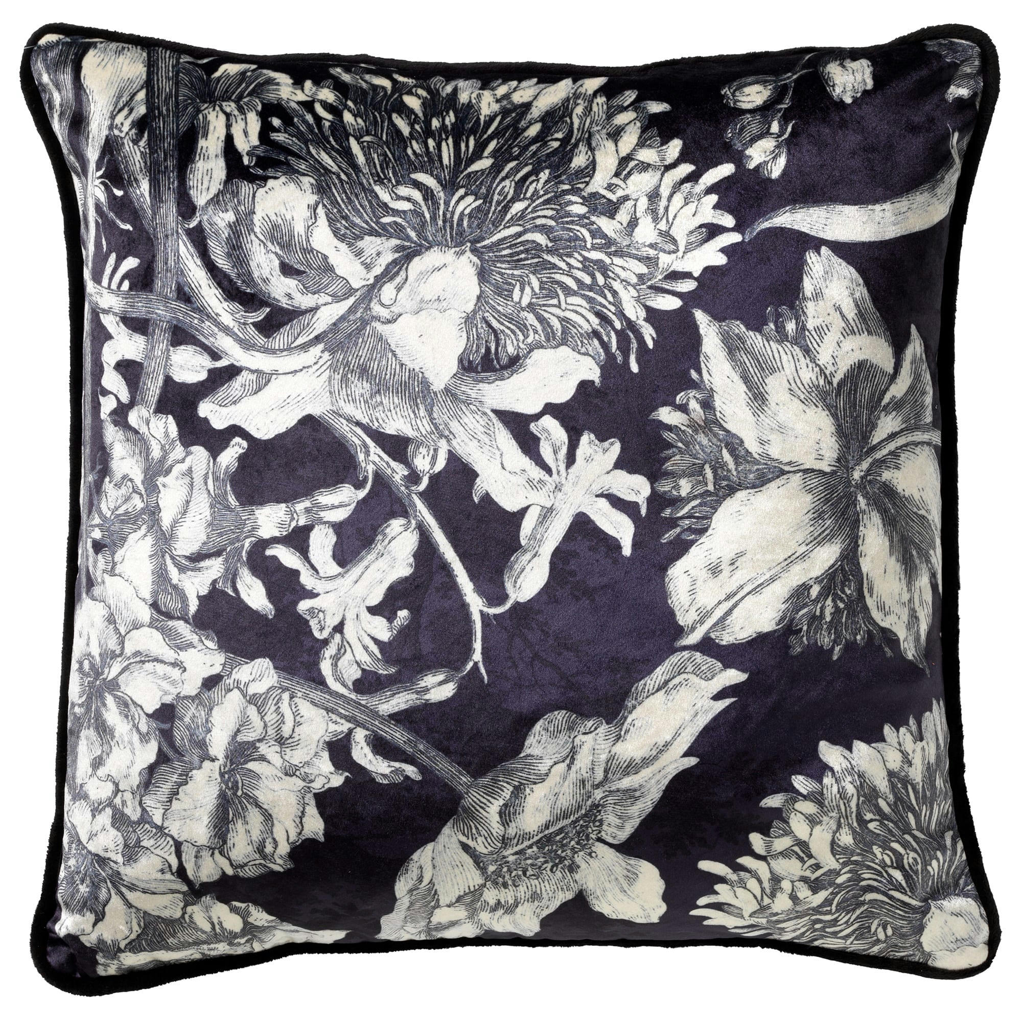LAUREN - Coussin - noir en velours 45x45 cm avec motif fleuri