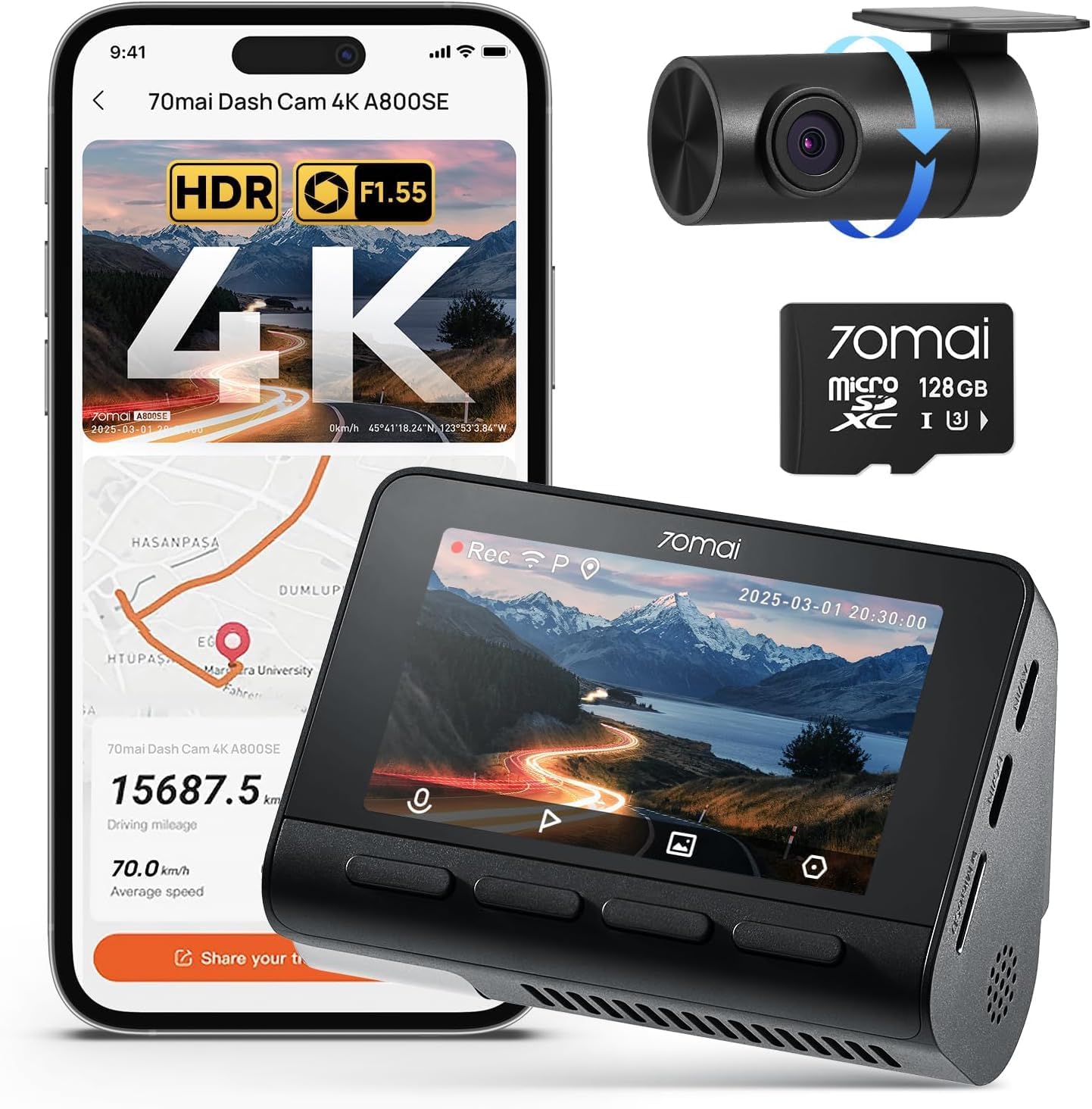 70mai 4K Dash Cam Front and Rear  Built in Wi-Fi 6 & GPS Car Camera  Super Night Vision  ADAS  3'' IPS Screen  24H Parking Mode  Time-Lapse  Loop Recording  with 128GB Card (A800SE)