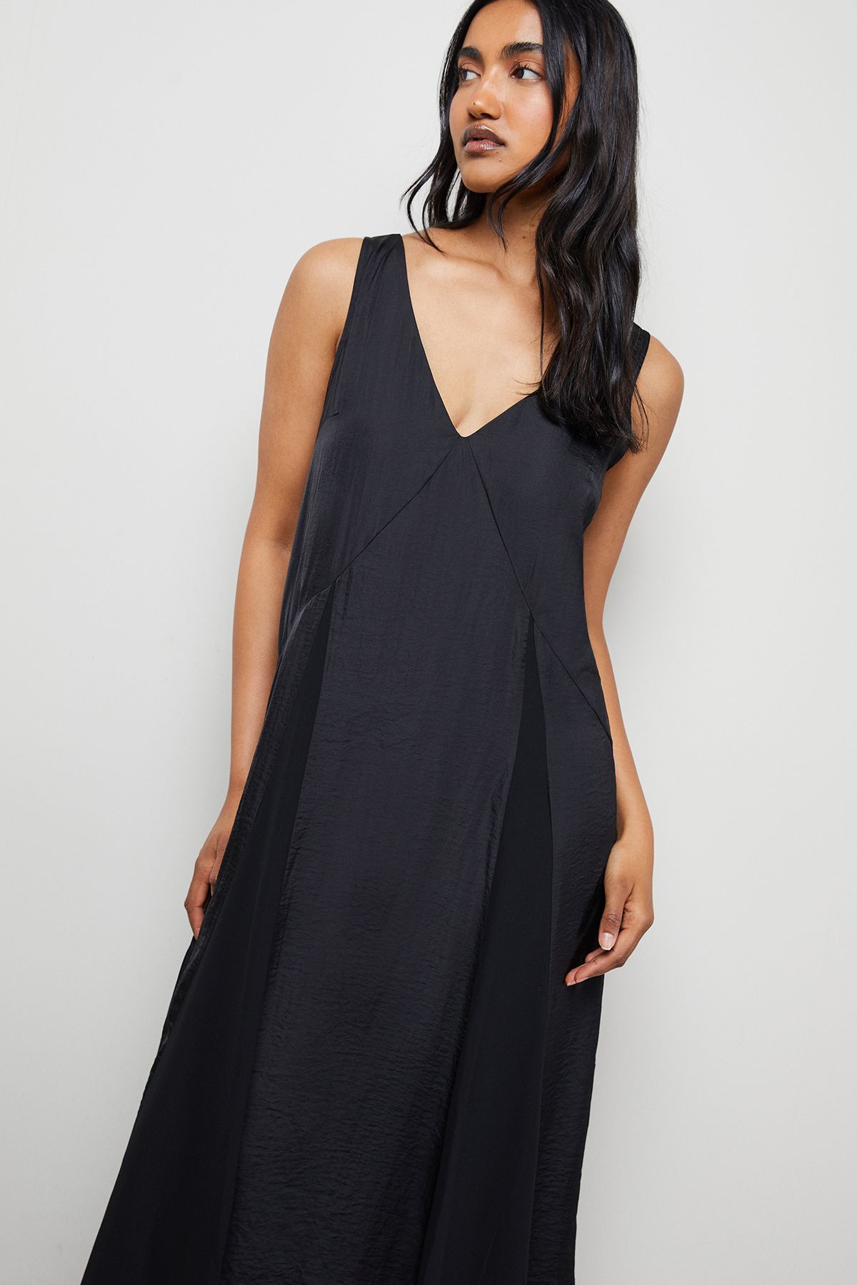 Warehouse Satin Sleeveless Asymmetric Hem Chiffon Godet Midi Dress