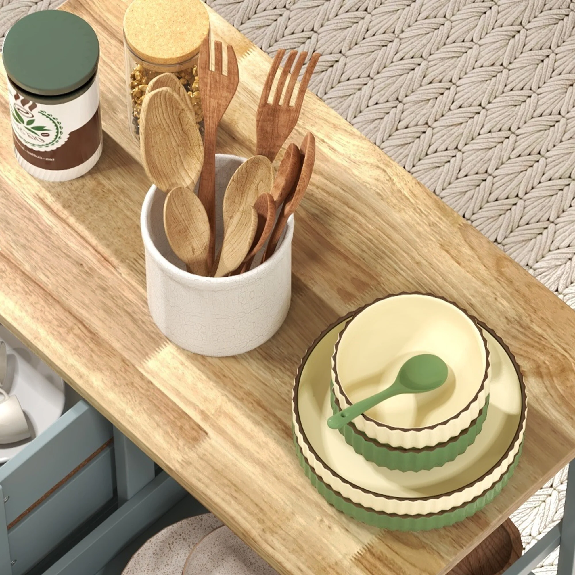 Kitchen Island Cart Rolling with Solid Wood Top, 3 Drawers, 3 Removable Shelves, Serving Utility Carts for Dining Room