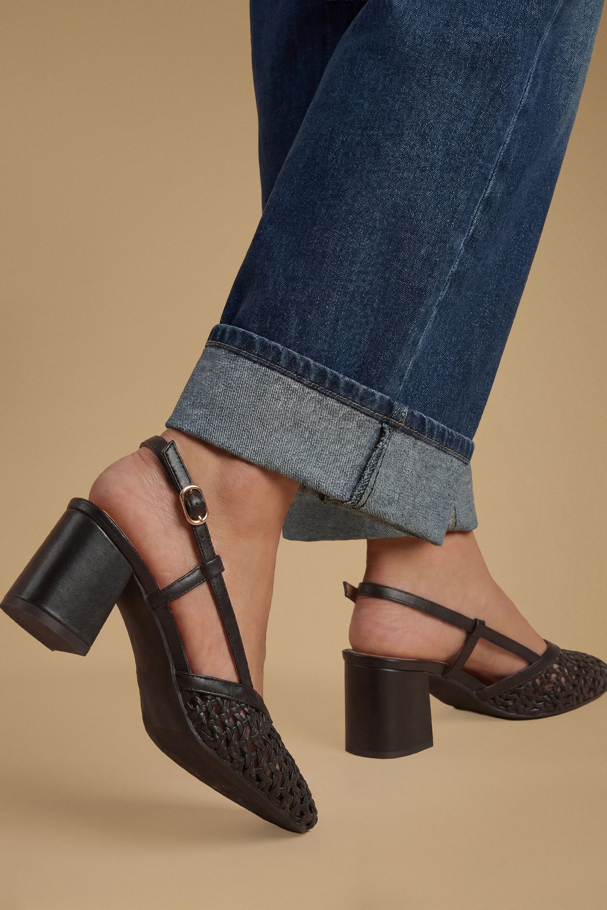 Oasis Katelynn Faux Leather Woven Slingback Block Heel Court Shoes