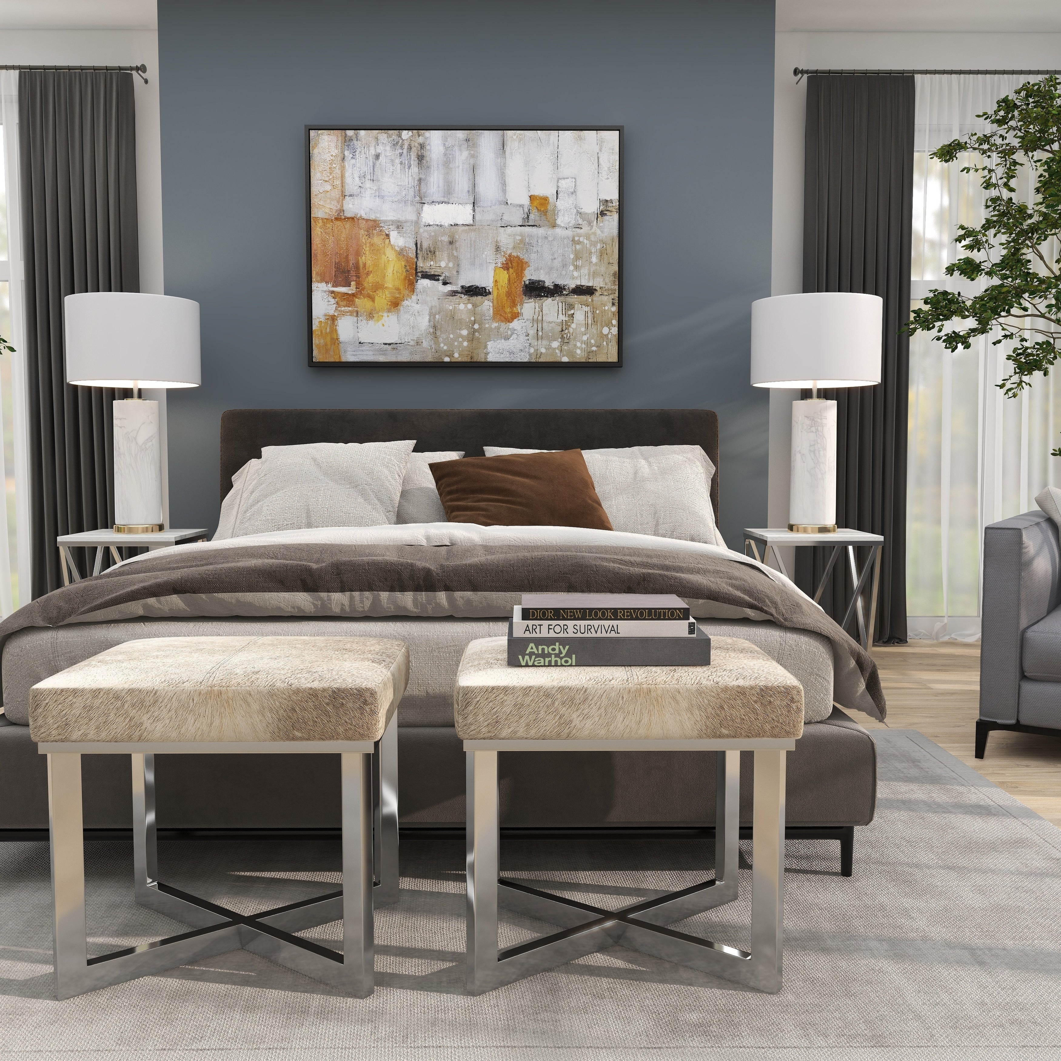 Benzara Grey Stainless Steel/Hide Classy Stool