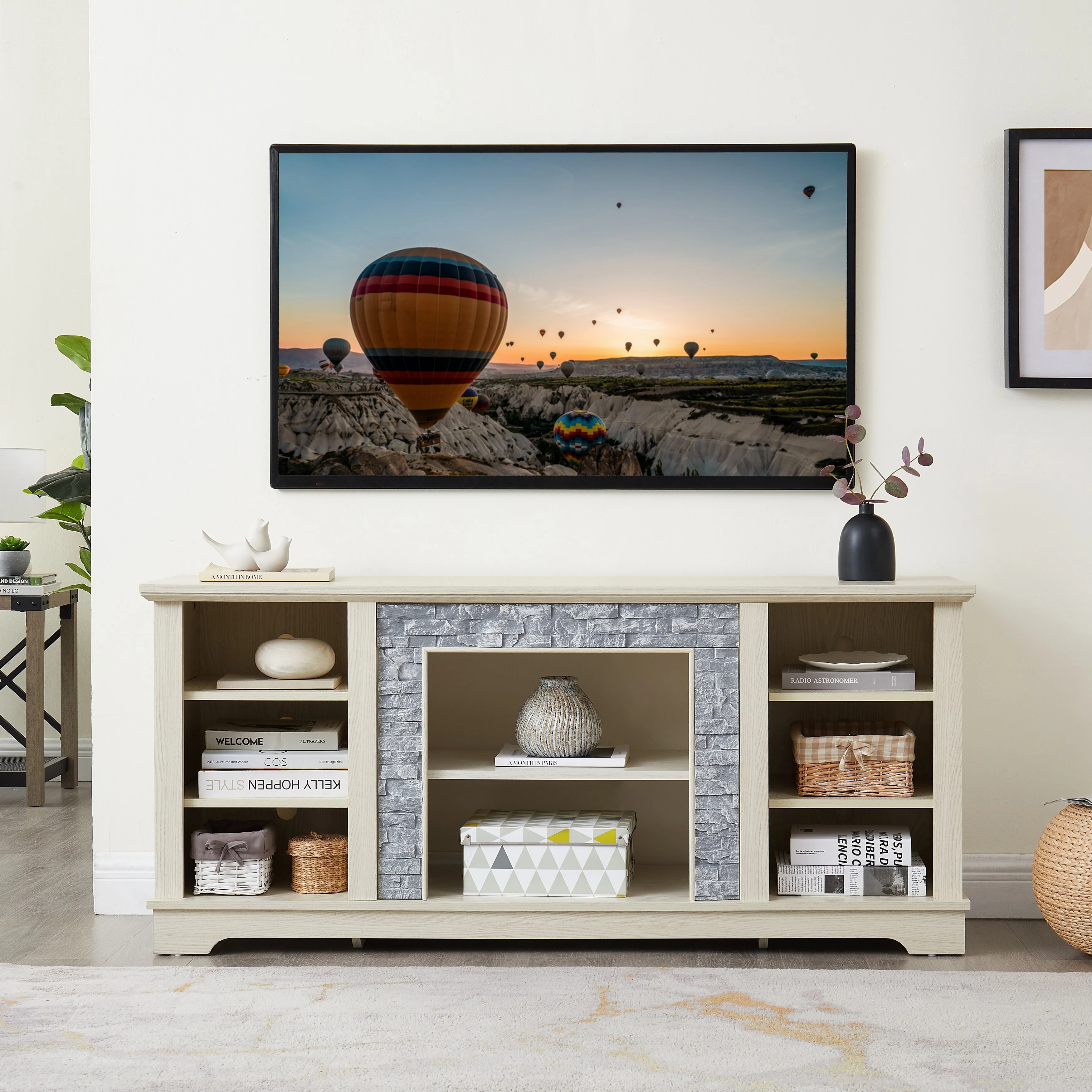 White 58.31 TV Stand with Faux Stacked Stone Surround, Adjustable Shelves and Open Storage Space for TVs Up to 65