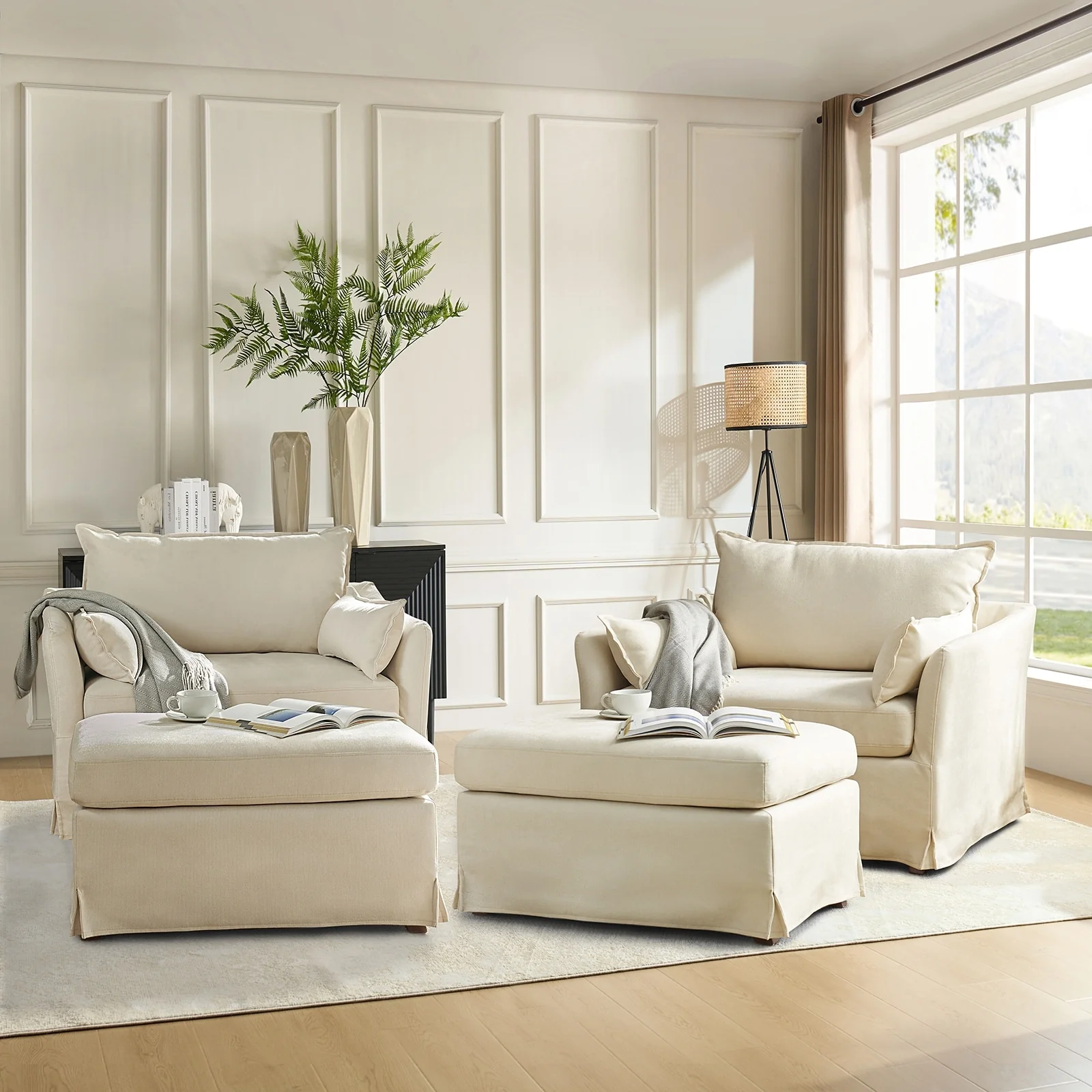 Sophie Modern Oversized Slipcovered Armchair with Ottoman and Lockable Rear Wheels Set of 2 by HULALA HOME