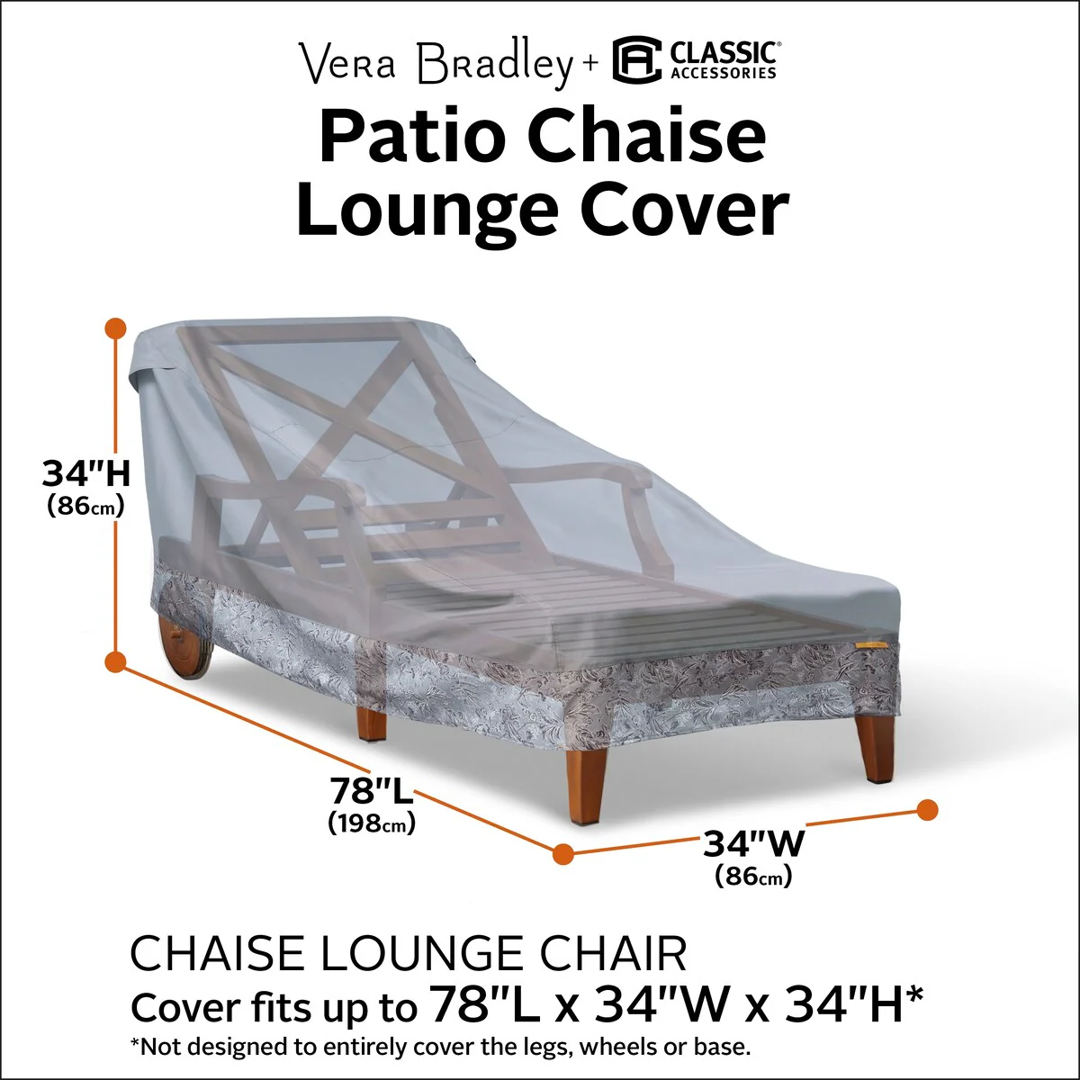 Vera Bradley by Classic Accessories Water-Resistant Patio Chaise Lounge Cover, 78 x 34 x 34 Inch, Rain Forest Toile Gray